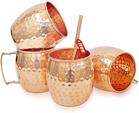 Rudra ® Moscow Mule Solid Copper Mug 18 oz/532 ML - Set of 4, - 100% Pure Copper Hammered Best Quality Lacquered Finish, Moscow Mule Cocktail Cup, Copper Mugs, Cocktail Mugs WITH FREE COPPER STRAW