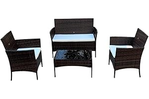 SHINE PLANET 4 Piece Rattan Garden Furniture Set Outdoor Sofa 1 Table, Double Seated Sofa and 2 Cushion Chairs Comfortable Stylish good for Garden, Backyard (Black+Beige Cushions)