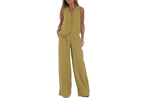 SUYUKU Lässige Damen-Outfits, Baumwollleinen, 2-teiliges Set, locker, ärmellos, Knopf, Weste, weites Bein, Hose, Bequeme Hose, Sommerblazer, Business-Anzug, Loungewear, S-XXL