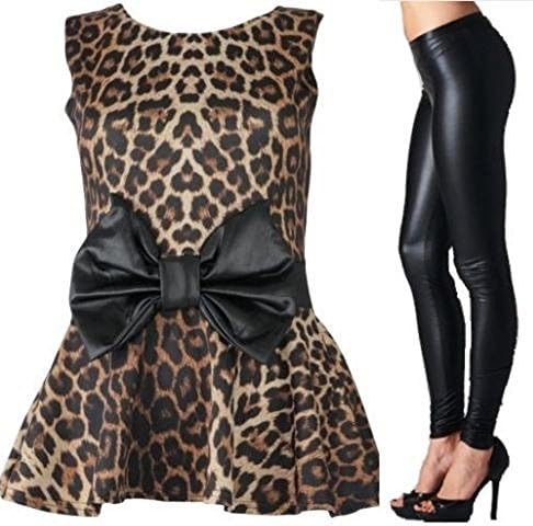 Womens Leopard Print Bow Top Ladies Flared Vest Skater Top Size 8-22 (22)