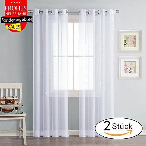 Voile Vorhang mit Ösen transparent - PONYDANCE 2 Stücke Gaze paarig Ösenschals Fensterschal Vorhänge 245 cm x 140 cm(H x B),2er-Set,Weiß