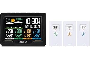 La Crosse Technology - WS6204 Station Météo Radio-Pilotée avec 3 capteurs thermo/hygro - Noir (Noir, Blanc)