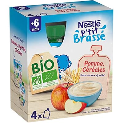 Nestlé P'tit Brassé BIO - Gourde Lactée Pomme, Céréales - Dès 6 mois 4x90g - Lot de 6