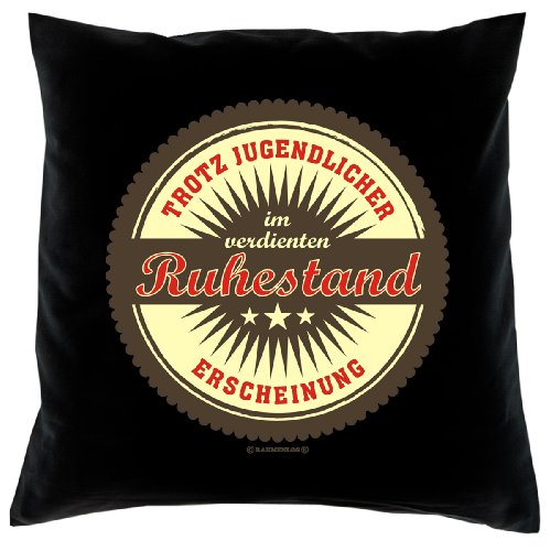 Kissen mit Füllung als cooles Geschenk zur Rente, Dekokissen Ruhestand in schwarz