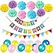 Produktbild WONDERFORU Alles Gute zum Geburtstag Party Dekoration Banner Girlande mit 10 Pom Poms Papierblume, 30 Luftballons und 1 Regenbogenfarben Flaggen, Junge und Mädchen Geburtstag Party Dekoration