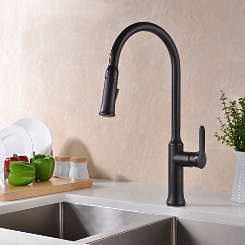 GICASA Commercial Style High Arc Pull Down Bronze Waschbecken Wasserhähne, Single Handle Pull Out Sprayer Edelstahl Öl gerieben Bronze Küchenarmatur - 3