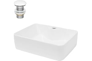 ECD Germany Lavabo per Bagno da Appoggio 480 x 380 x 140 mm in Ceramica Bianca incl. Piletta di Scarico per Lavandini Senza Troppopieno Lavello Rettangolare Sanitari per Bagno