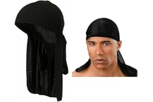 ONE BEST DEAL 1 x Durag Black Adjustable & Breathable Ultra Stretch Unisex 360 Waves Headwraps Extra Long Tail Silky Durag Caps Perfect for Men & Women