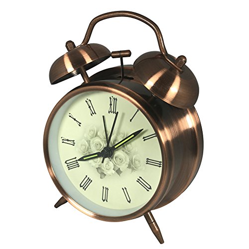 Retro Glockenwecker,Trrebtle Doppelglocken-Wecker mit Nachlicht, geräuschloser Betrieb, Quarzuhrwerk, wecker analog, Retro-Design, lauter Alarm 4 Zoll,Kupfer
