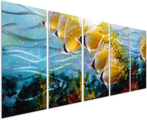 Tropical Sea School of Fish Metal Wall Art Decor - Large Modern Ocean Artwork Set of 5 - 64"x24"