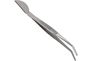 MUMUSUKI Bonsai Curved Tip Tweezer with Spatula, Stainless Steel Precision Tweezer with Long Comfortable Ridged Handle for Potted Loosening Smoothing Soil Planing Grass