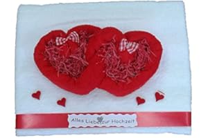 Frotteebox Geschenk Set Herzen in Handarbeit geformt aus 1x Handtuch weiß (100x50cm) und 2X Gästetuch (50x30cm) rot