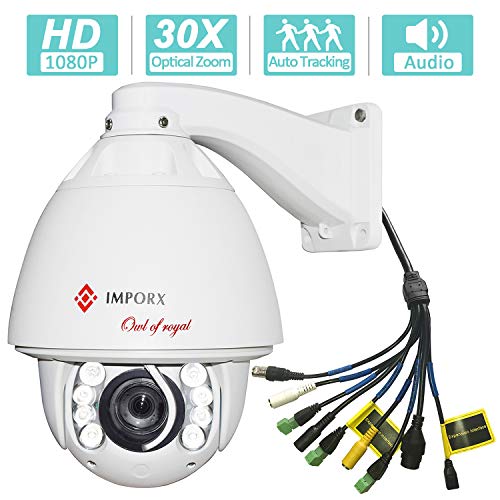 IMPORX PTZ Caméra Auto Tracking Extérieur Dome Surveillance Support Carte SD & ONVIF, étanche 1080P 30X Zoom, Distance IR 120M,avec Chauffage, Ventilateur et essuie-Glace (30X(Version Audio))