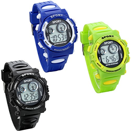 JewelryWe 3pcs Studenten 30M Wasserdicht Multifunktionen Digital Armbanduhr Kinder Sport Uhr mit Datum/Alarm Stoppuhr/LED Licht Schwarz Blau Grün