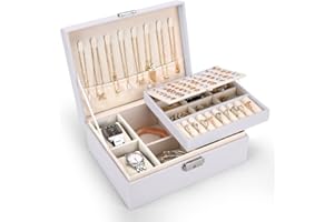 Pystuvo Jewellery Box for Women, 2-Layer Large Jewellery Organiser Box with 2 Watch Pillows, PU Leather, Travel Jewellery Organiser for Earrings Rings Necklaces Watches Bracelets,White