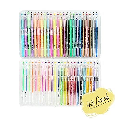Juego de 48 Bolígrafos Multicolores de Tinta Gel sin Goteos ni Derrames Plumas de Gel Multicolores Diseñado para Adultos / Niños 4 Estilos Fuertes: Metálico/Brillo/Neón/Tiza de Agua 0.8mm
