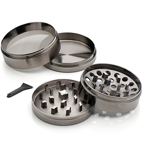 ATA® Premium Aluminium Pollen Grinder Crusher für getrocknete Tabak, Herb, Kräuter, Gewürze, Ø63mm, 4-teiliges Set mit Mini-Scraper, Silber - 6