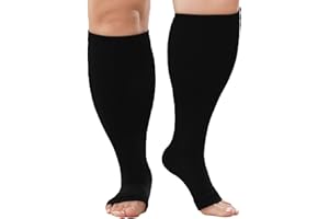 PUTUO Bas de Contention Grande Taille: Chaussettes de Contention Femme Hommes Grande Taille Gros Mollet Bout Ouvert pour Sportive Cyclisme Voyage en Avion Grossesse 1 paires Noir 6XL