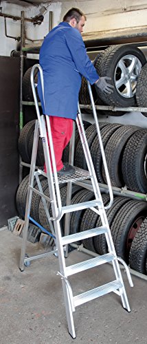 Alu Podestleiter / Fahrbare Leiter / 1 x 4 Stufen / 100cm Podesthöhe / ganze Stufe / Handlauf / 2,80 m Arbeitshöhe / mit Rollen und Griffen / verfahrbar - 2