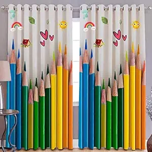 Polyester Knitting 3D Digital Colourful Pencil Print Long Door Curtains for Kids Room (4X7 Feet, Multicolour)