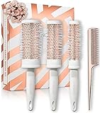 Lily England Haarbürsten Set mit Stielkamm | 3x Rundbürste & 1x Toupierkamm in stylischer Rosegold Weiß Kombination | Haarbürste & Rundbürsten Set zum schnellen & schonenden Föhnen und Glätten