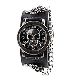 uniquebella Fashion Herren Gothic Punk Unisex-Armbanduhr, Vintage Skull Skelett Lederband Quarz Armband Armbanduhr, Schwarz, 1