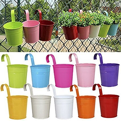 Hängetöpfe Übertopf balkon Blumentopf von Colleer, 10 Stück/10 Farben Eisen hängend Balkontopf Pflanztopf Set (mit Haken) ideal für Balkon Fenster Garten Deck Terrasse Zaun (10pcs)