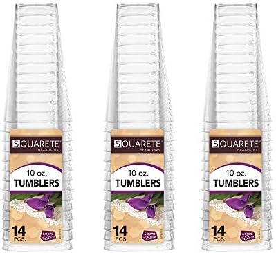 Squarete Hexagons Crystal Clear Hard Plastic Square Party Tumblers/Cups 10oz.- 300ml. (42 Pcs.)