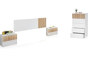 duehome | Pack de Dormitorio con Cabecero + 2 mesitas de Noche y Comoda, Conjunto de Dormitorio, Modelo Nitza 5C, Acabado en Blanco Artik y Roble Natur