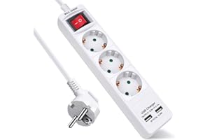 EXTRASTAR 3 Fach Steckdosenleiste mit 2 USB, Mehrfachsteckdose mit Schalter und Kindersicherung, Steckerleiste mit 1.5m Kabel, 16A, 3680W, für Zuhause, Büro, Weiß