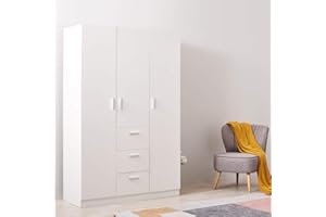 Panana Wooden 3 Doors 3 Drawers Wardrobes with Hanging Rail and Storage Shelves Modern Large Clothes Cupboards Unit for Bedroom Furniture (White)
