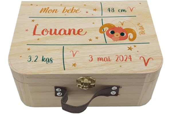 Valisette en Bois Personnalisée pour Bébé, Boîte à Souvenirs de Naissance, Idée cadeau de naissance original - Motifs Signes du Zodiaque - CL0019 (Bélier)