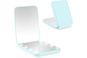wobsion Miroir de maquillage de voyage éclairé par LED, 1x/3x à grossissement Miroir compact, Portable pour sac à main, poche, Miroir pliable éclairé de 8.5cm, Miroir portatif à deux faces, rond, cyan