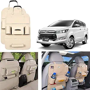 Oshotto Car Backseat Storage Organizer Phone Holder,Multi-Pocket for Bottles, Tissue Boxes,Kids Toy Storage and Great Travel Accessory Compatible with Toyota Innova Crysta (Set of 2) - Beige