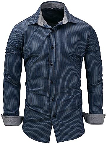 AIKOSHA Roman Men's Stripe Cotton Slim-Fitting Casual Stand Collar Long Sleeve Button Down Shirt