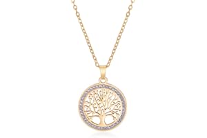 Dreamtimes Collier arbre de vie pour femmes en acier inoxydable couleur or Zircon clair pendentif rond Chaînes de cou Arbre de famille Bijoux de mode