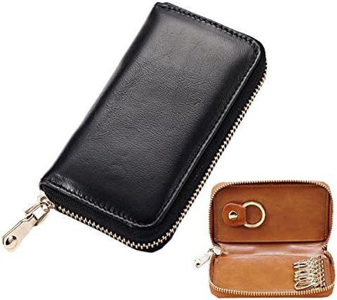 Lememogo Leather Key Case Zipper Classy Card Wallet Cash Coin Change Purse Pouch Car key Bag Keychain Holder for Men Boys Travel 12.2x2.5x7.5 cm (Black)