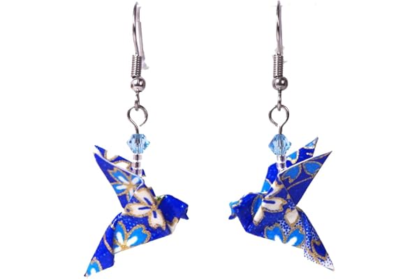 Boucles d'oreilles colombes origami (Fleurs bleues sur fond bleu et blanc)