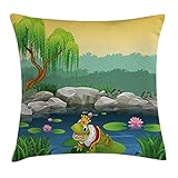 Funda de cojín decorativa de dibujos animados con diseño de rana en el lago de las hojas de...