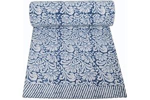 MAVISS HOMES Indian Hand Block Print Kantha Quilt - Queen Size Bedspread, White Cotton Throw Bedding (90 X 108 Inch, Blue)