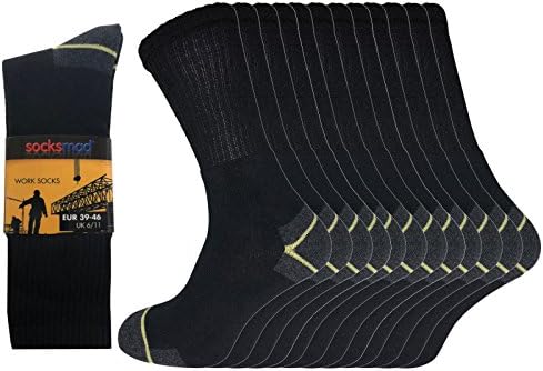 Socksmad Heavy Duty Work Socks - 12 Pairs Safety Boot Working Socks - Reinforced Heels and Toes - Cotton Rich Cushion Support for Extra Protection - Perfect for Builders, Contrast Heel and Toe