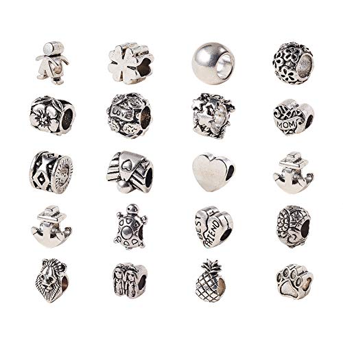 PandaHall - Lot de 100pcs Perles Européennes d'Alliage, Argent Antique Couleur, Environ 7-13mm de Long