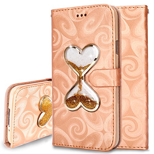 Galaxy J3 2016 Schutzhülle,Galaxy J3 2016 Hülle,Galaxy J3 Hülle,Ukayfe Cool 3D Schwimmend Treibsand Flüssige Fließend Wasser Glitter Glitzer Glanz Sparkle PU Leder Tasche Handyhülle Liebe Herz Muster Flip Cover Wallet Brieftasche Folio Tasche Hüllen Handycover Schutz Cases Etui Lederhülle Handytasche mit [Ständerfunktion] und [Kartenfächer] für Samsung Galaxy J3 2016 & 1 x Schwarz Eingabestift, Gold