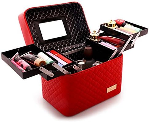 Handy PU Leather Professional Makeup Bag, Direwolf Waterproof Large Capacity Travel Makeup Case for Women (Red)