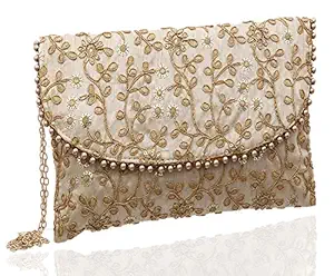 Kuber Industries Womens Handcrafted Embroidered Clutch Bag Purse Handbag for Bridal, Casual, Party, Wedding (Beige, Cream) - CTKTC34515