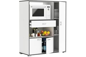 BEFARA Mueble Auxiliar de Cocina BELHO, Blanco, 90 x 40 x 112 cm, Hueco para Microondas, 3 Puertas, Cajón y Estantes, Despensa-Alacena