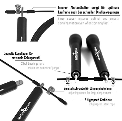 Springseil Speed Rope II von BeMaxx Fitness + Trainingsguide & Extra Seil – Super dünnes & leichtes verstellbares Stahlseil + Kugellager – Crossfit, Profi Sport, Boxen, Training, Erwachsene - 4