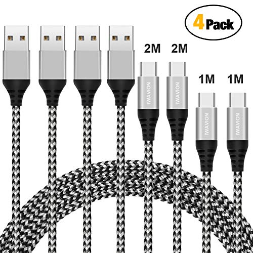 Cable USB tipo C IWAVION de nailon, cable de carga USB tipo C y cable de datos para Samsung Galaxy S9/S8 S8+ Note8, LG G6 G5 V30, Nexus 5X/6P, HTC10/U11, Xiaomi 5, Huawei P10/P9, (negro y plateado)