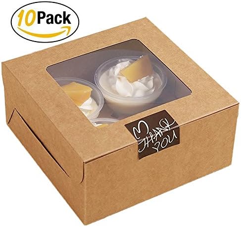 Cupcake Boxes 4 Cavity with Display Window Kraft Paper Muffin Box Inserts for 4 Cupcakes Pastry and Cookie Box Pack of 10 without Stickers by KAISHAN (Brown 4)