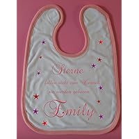 Babylätzchen Schlabberlatz bedruckt mit Spruch Sterne fallen nicht vom Himmel und dem Namen des Babys. Individuelles Geschenk personalisiertes Geschenk